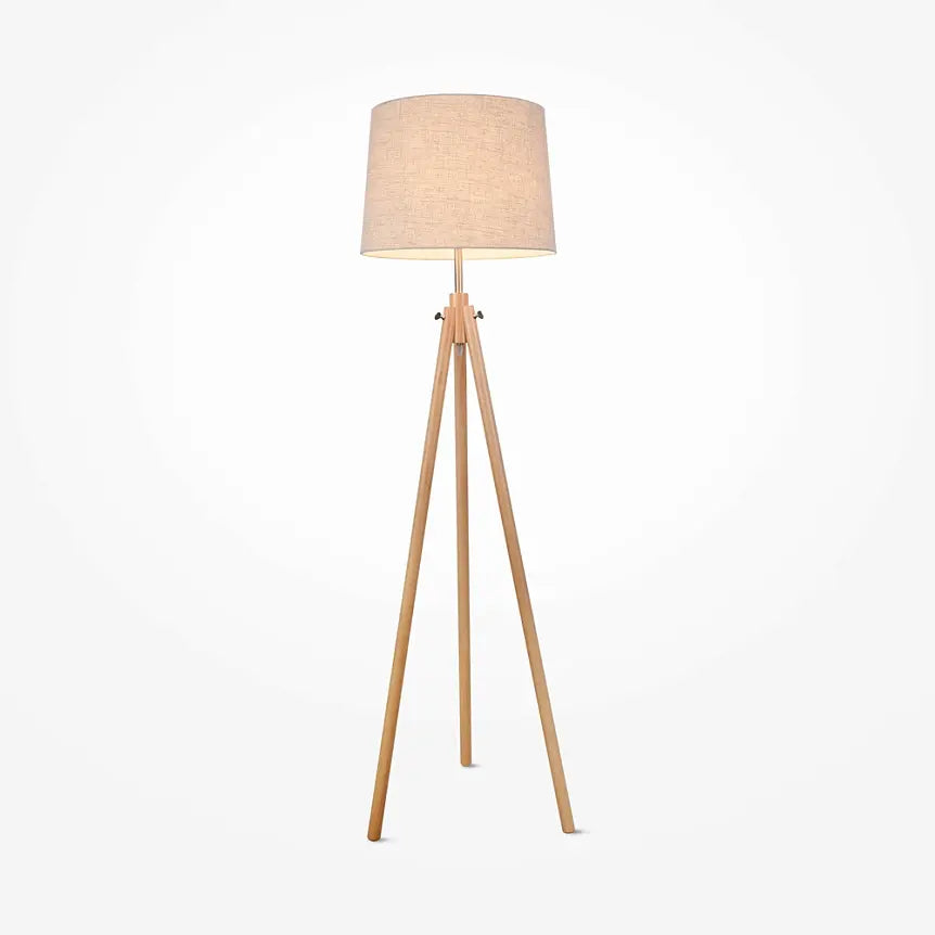 Floor lamp made of metal & wood frame with fabric shade in tripod design – Calvin | Maytoni