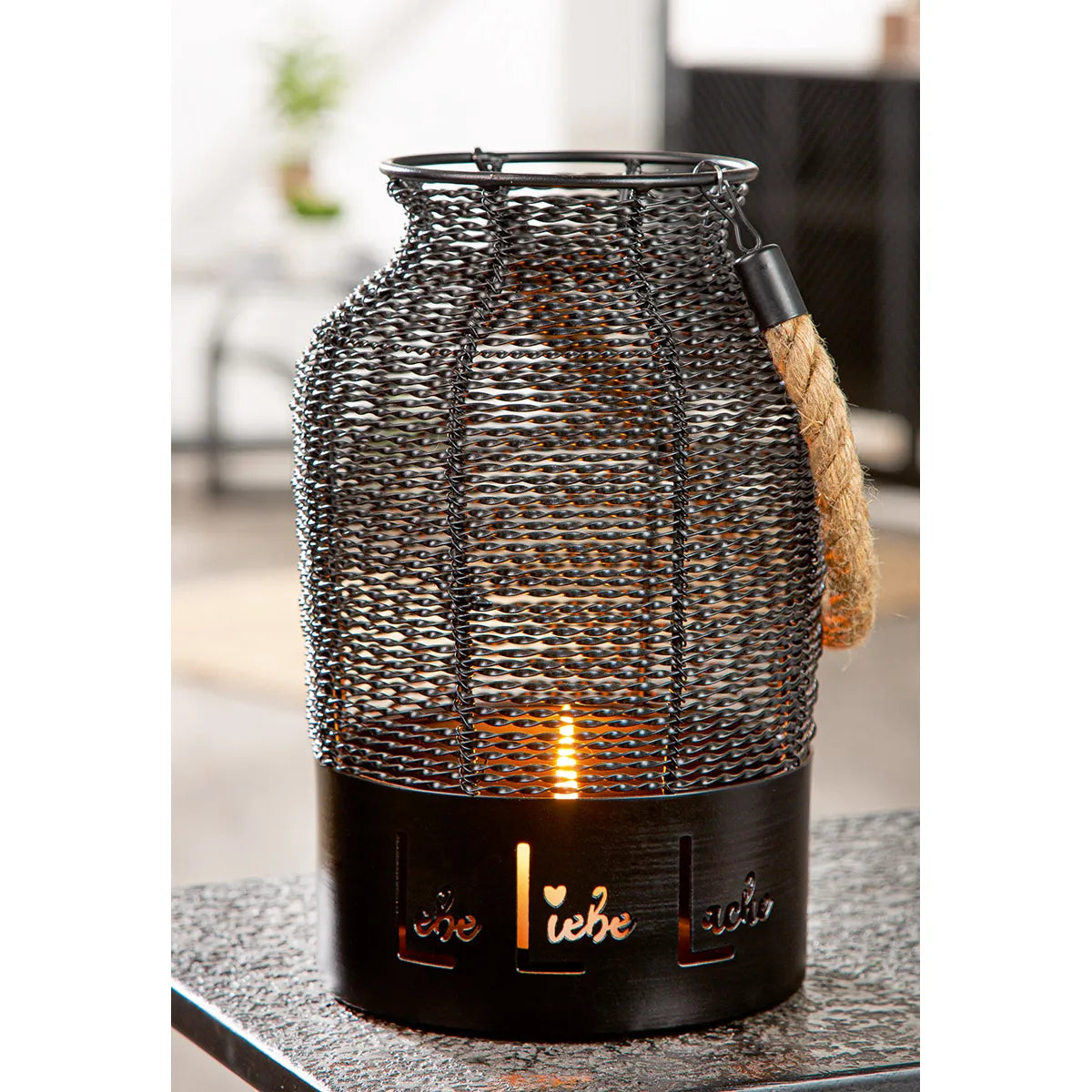 Windlicht – Spruch Motiv, Runde Form, 25.5cm Höhe - Lebe, Liebe, Lache | Gilde