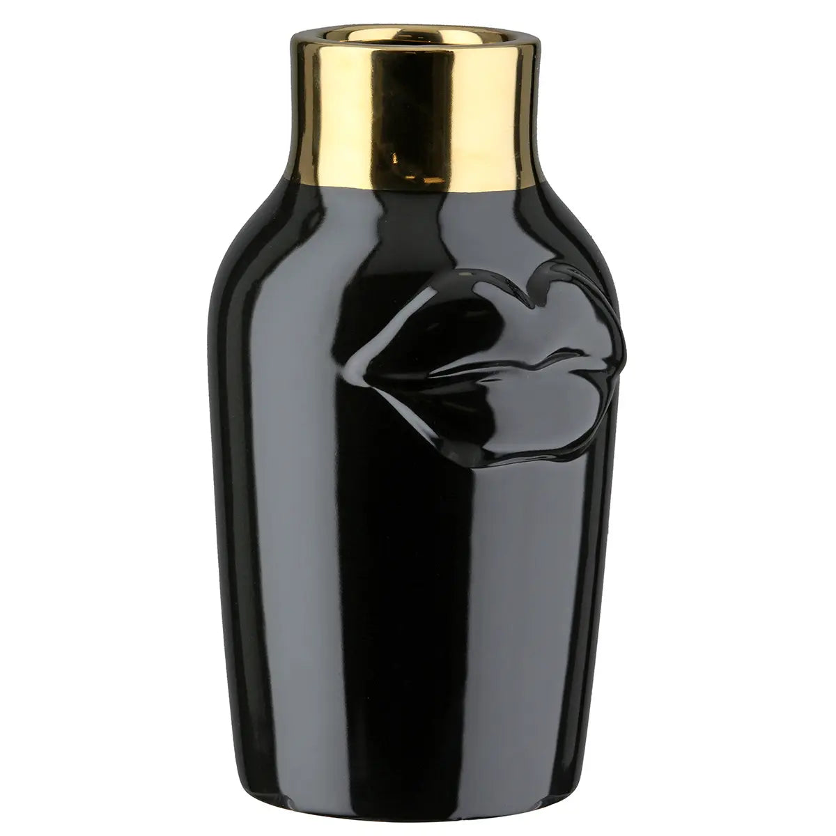 Vase – Schwarze Keramik, Glasierte Oberfläche, Goldenes Mundmotiv - Mouth | Gilde