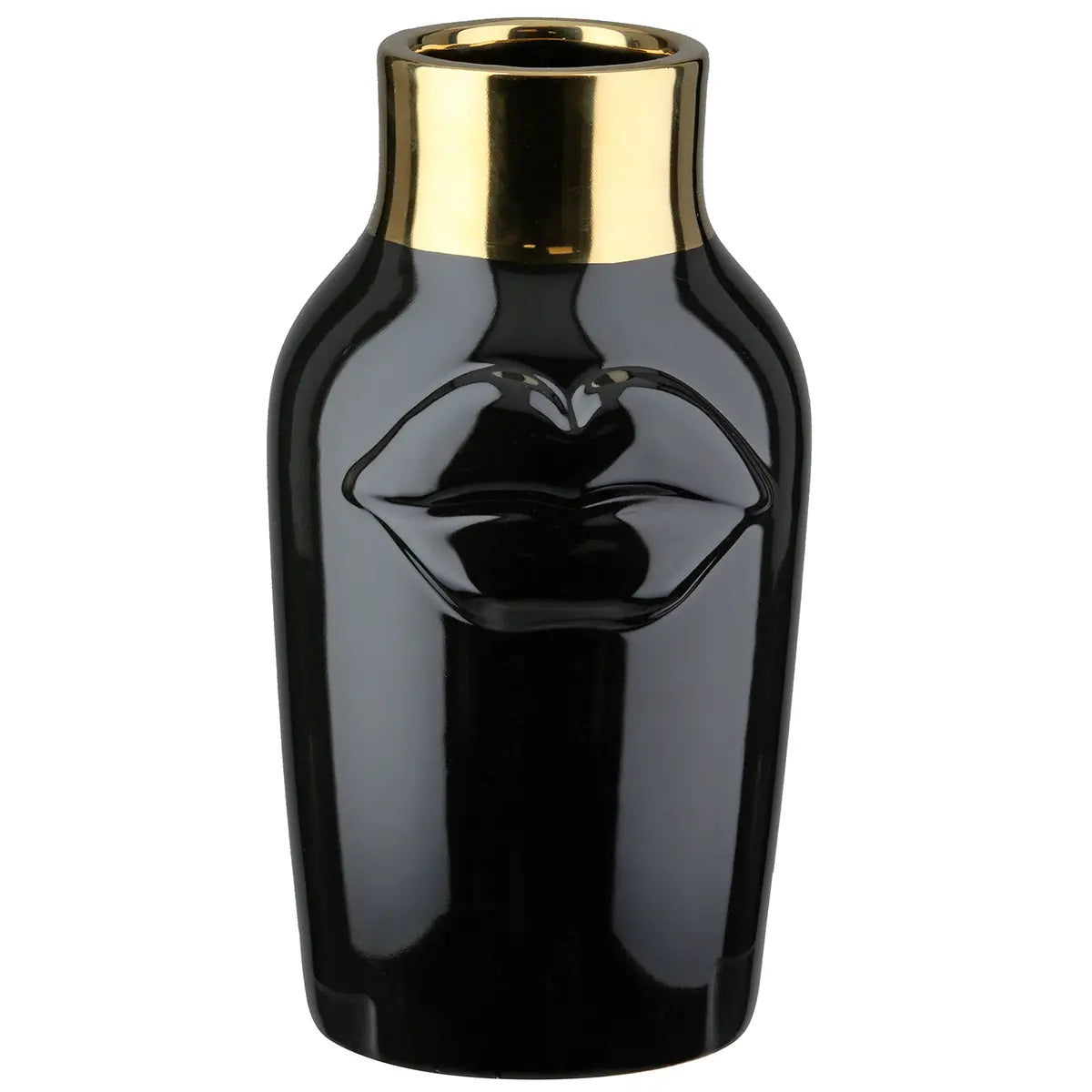 Vase – Schwarze Keramik, Glasierte Oberfläche, Goldenes Mundmotiv - Mouth | Gilde