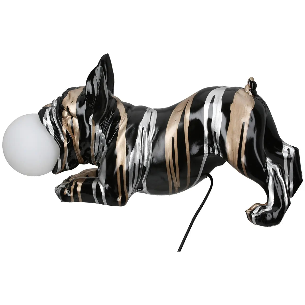 Tischleuchte – Bulldoggenform, Schwarze Metalloptik, Silberne Linien, Höhe 22 cm - Drip | Gilde
