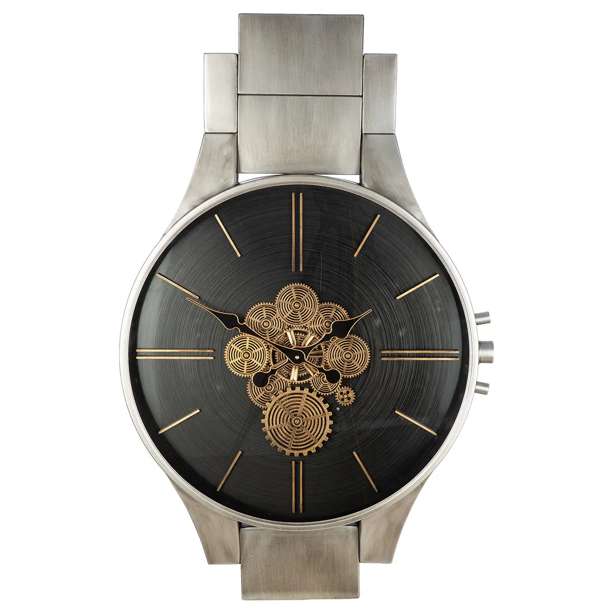 Wanduhr – Silberne Metalloptik, Zahnradmotiv, Schwarze Akzente, 99,5 cm - Timing | Gilde