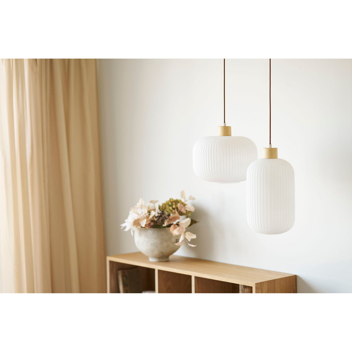 Pendant Light - Glass Shade, Wood Detail, White Design - Argalo | House Nordic