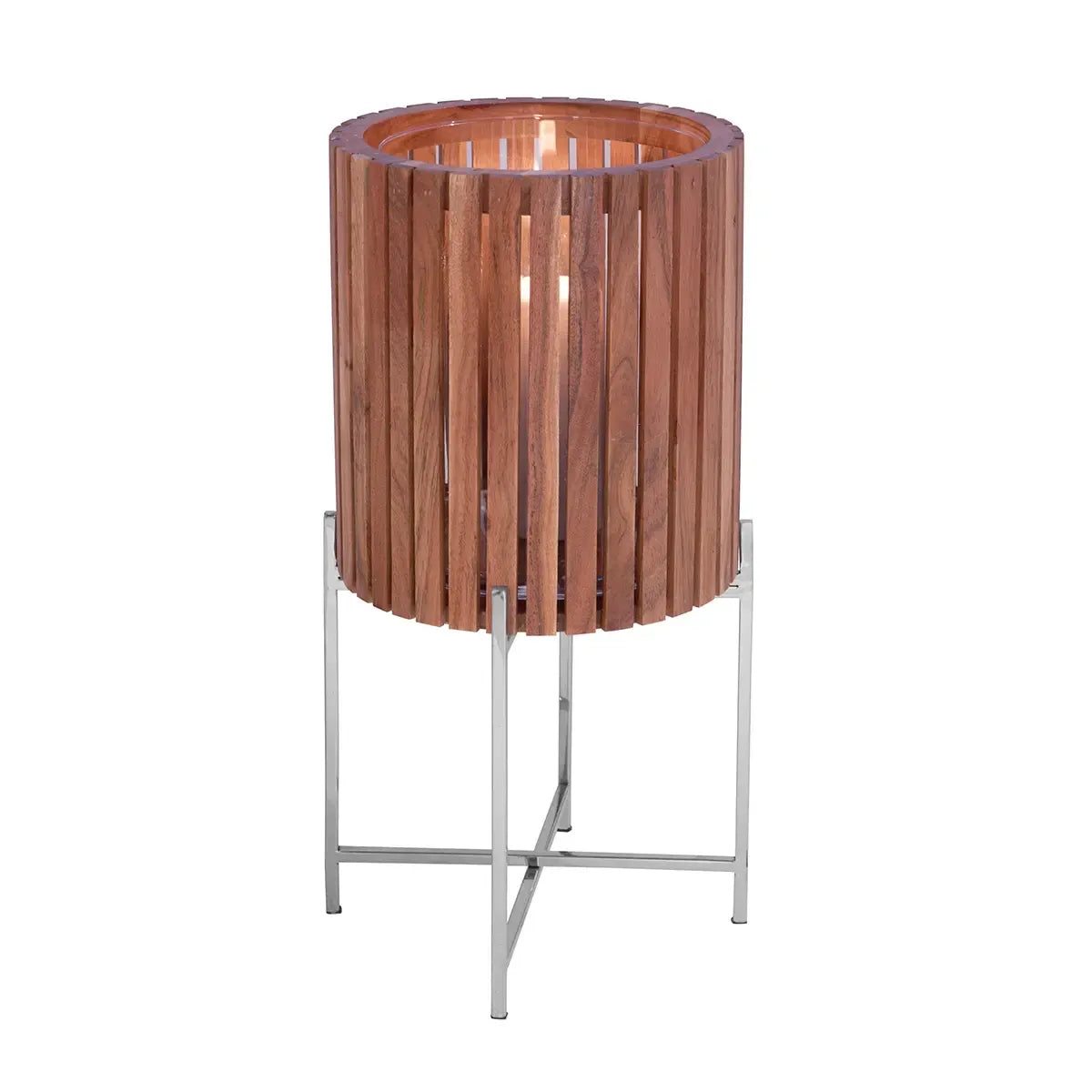 Übertopf – Braunes Holz, Silberfarbener Edelstahl, Hohe Form, 60 cm - Berkley | Gilde