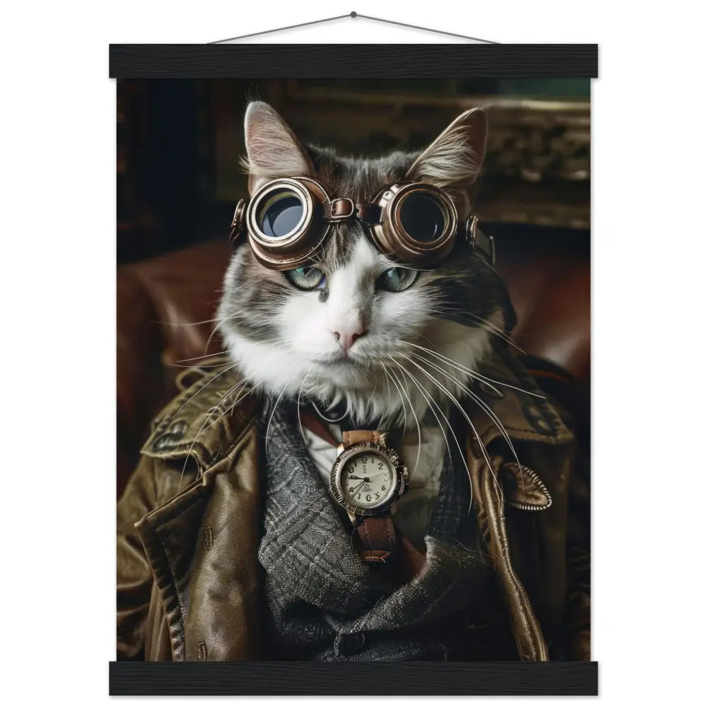 Schulposter Männlicher Manx-Kater, Steampunk-Stil, bronzefarbenes Taschenuhr-Motiv, bronzefarbene Brille | St Tropez Art