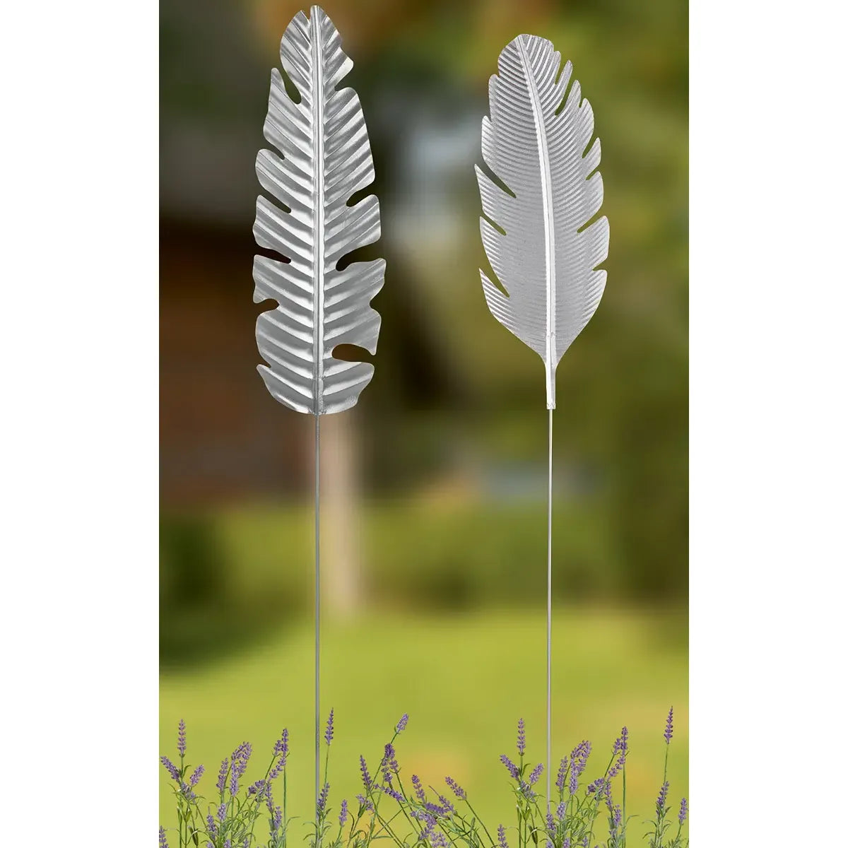 Gartenstecker – Edles Palmblatt, Silberfarbenes Metall, Wetterfeste Ausführung, 100 cm - Palmblatt | Gilde