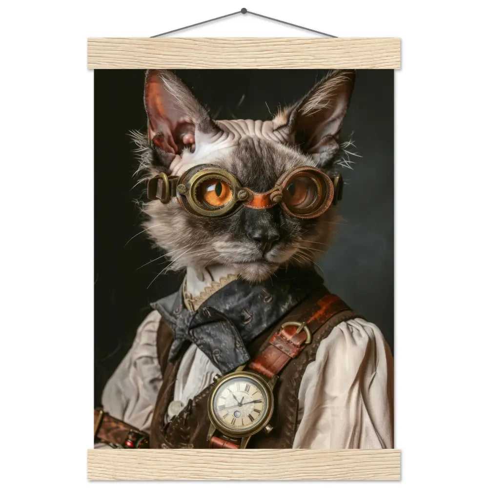 Schoolposter - Lykoi-Katze, Lederjacke Braun, goldene Taschenuhr, Bronze-Brille | St Tropez Art