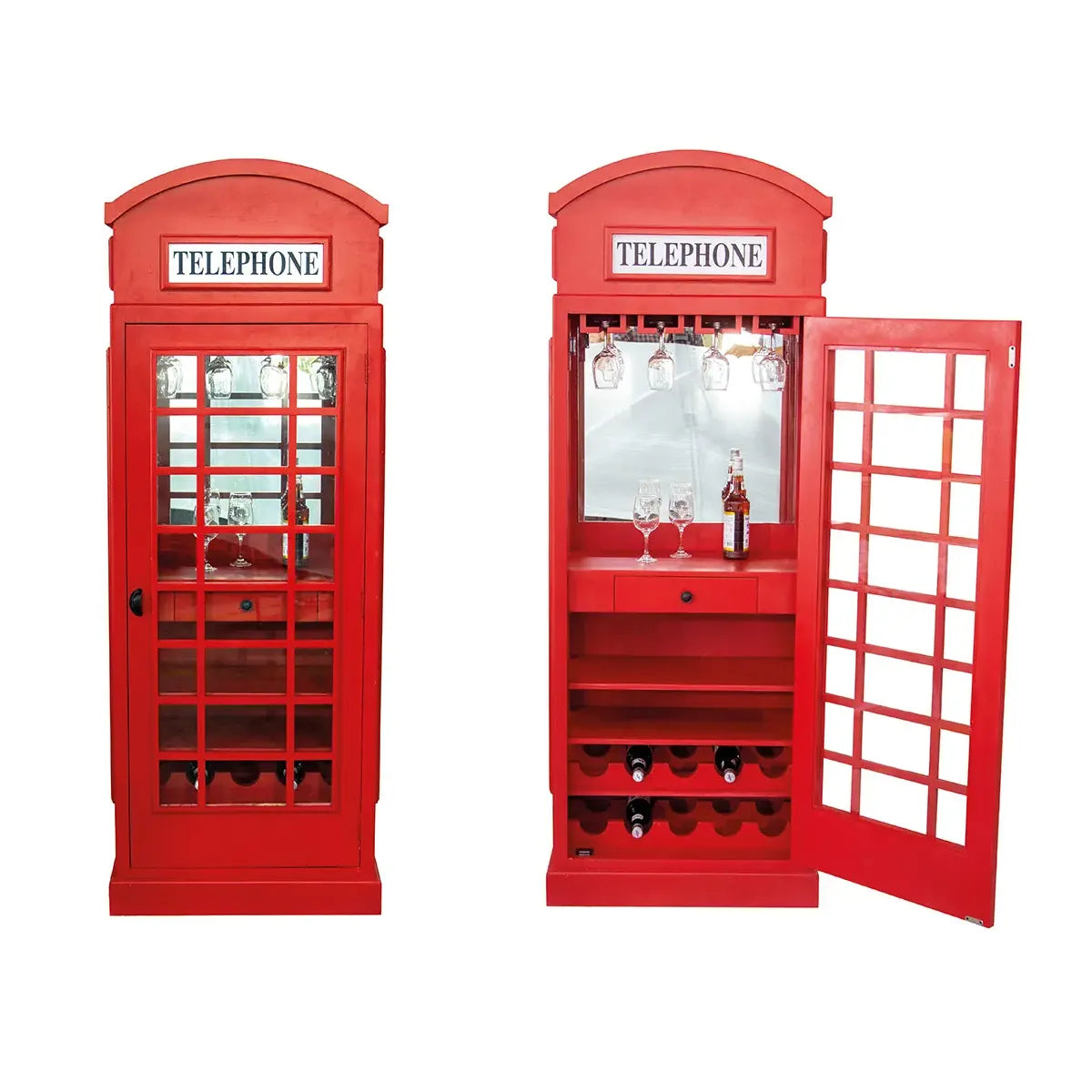 Weinregal – Rotes Mangoholz, Recyceltes Material, Ikonische Telefonzelle, 200 cm - Telefonzelle | Gilde