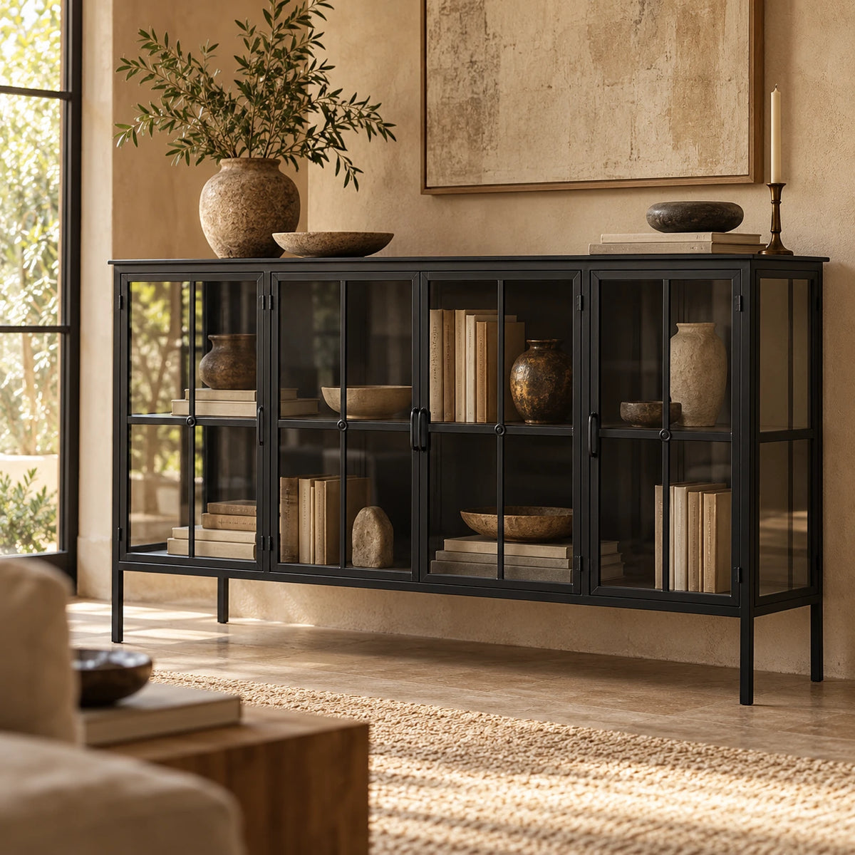 Vitrinenschrank – Schwarzes Eisen, Glas Türen, Industrieller Stil - Cave | PTMD