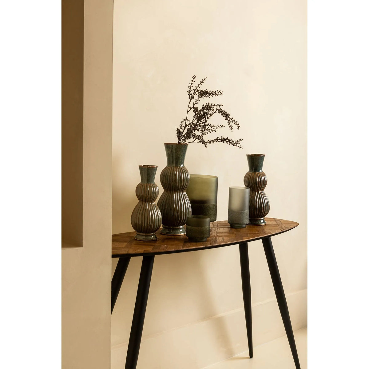 Windlicht – Grünes Glas, Runde Form, Gefrosteter Boden, L - Miral | PTMD