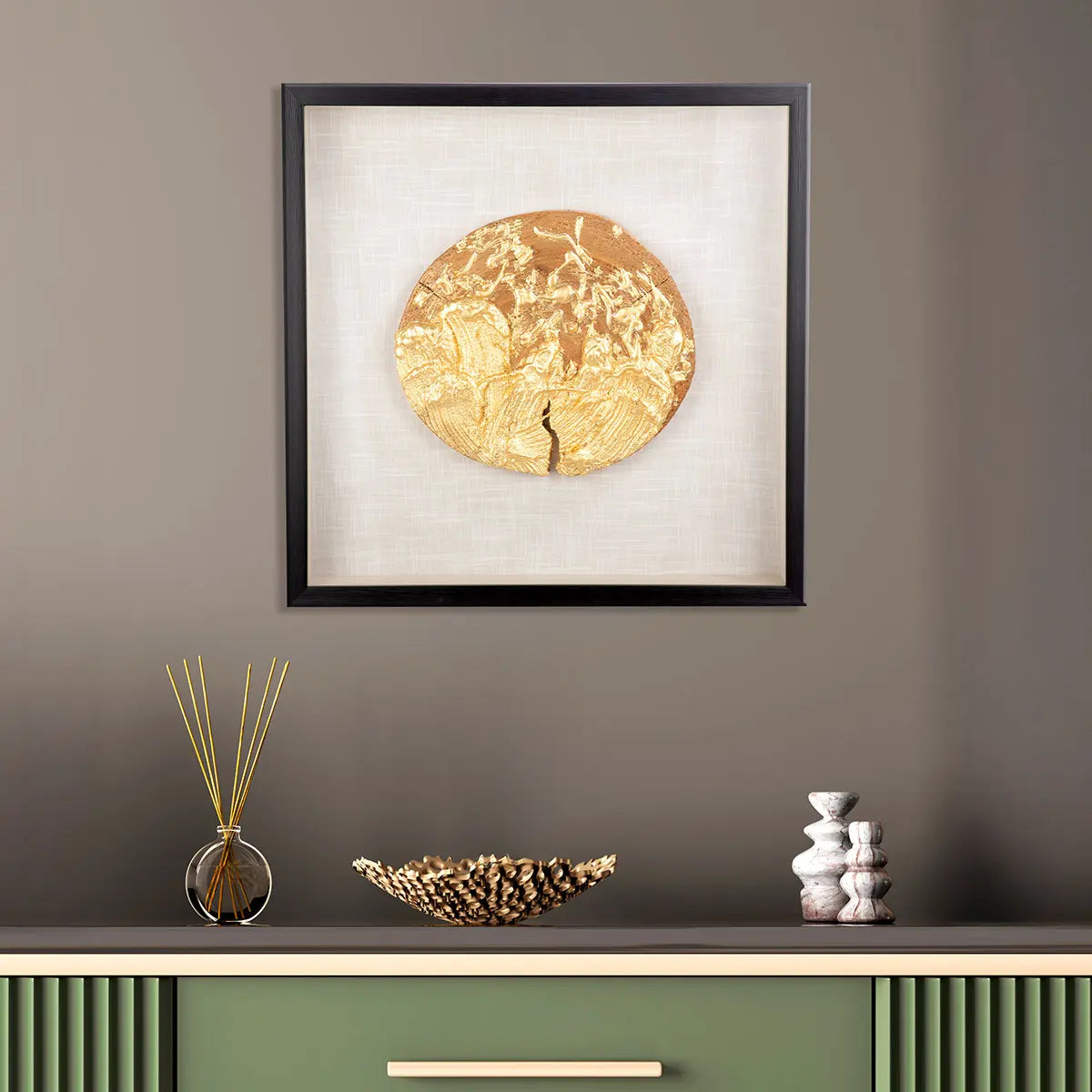 Wandbild – Goldene Metalloptik, Holzmaterial, Natürliche Maserung, 60 cm - Holzscheibe | Gilde