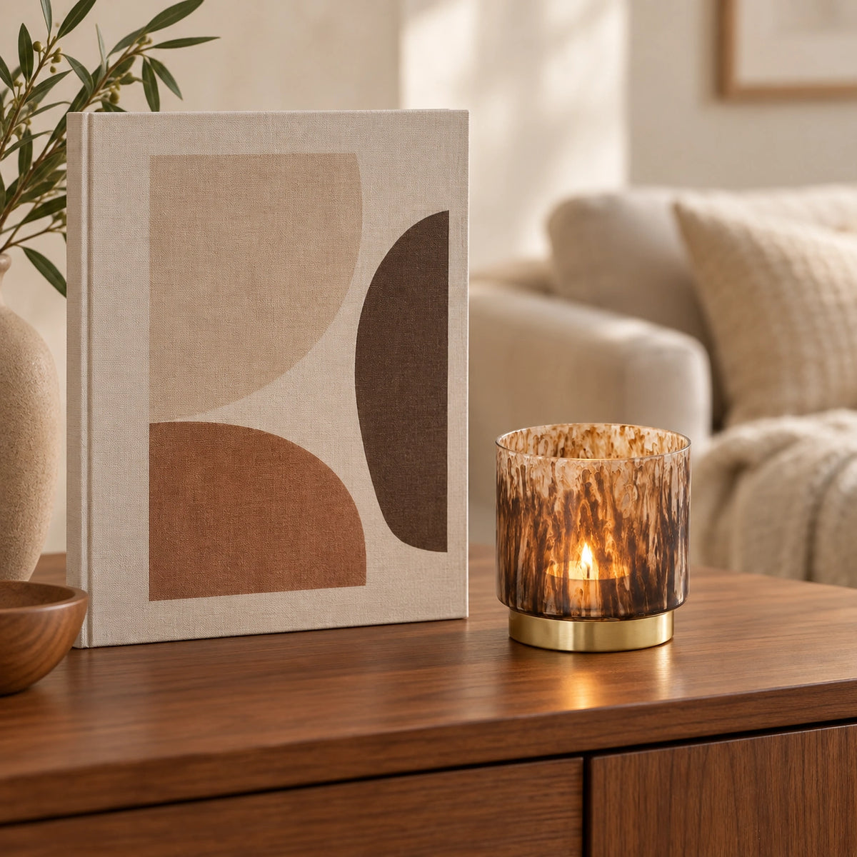 Teelichthalter – Braunes Glas, Runde Form, Goldener Metallfuß - Allie | PTMD