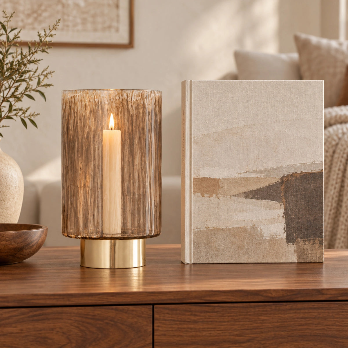 Teelichthalter – Braunes Glas, Runde Form, Goldener Metallfuß - Allie | PTMD