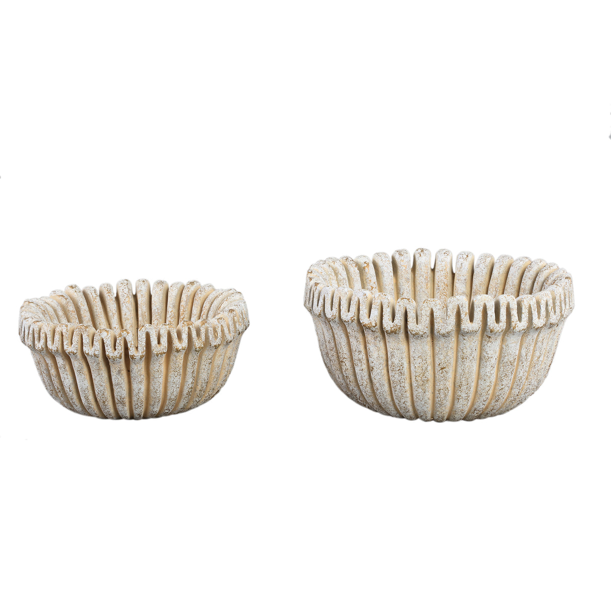 Blumentopf – Creme Farbe, Gerippte Linienstruktur, Zement Material, Niedrige Form, L – Raffay | PTMD