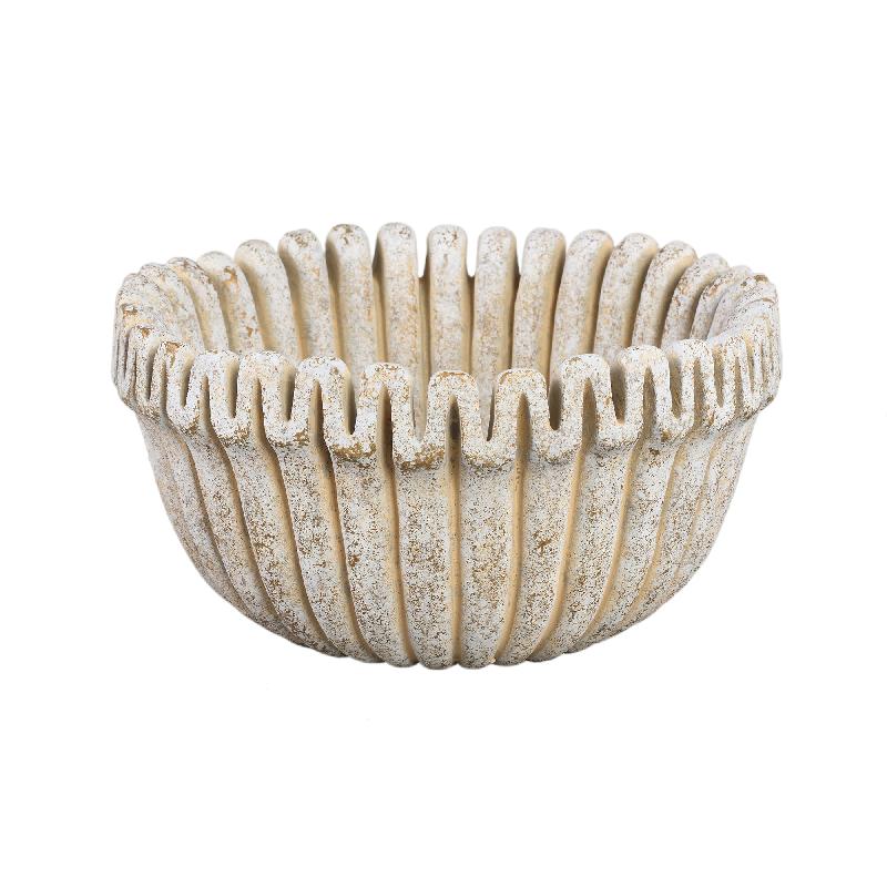 Blumentopf – Creme Farbe, Gerippte Linienstruktur, Zement Material, Niedrige Form, L – Raffay | PTMD