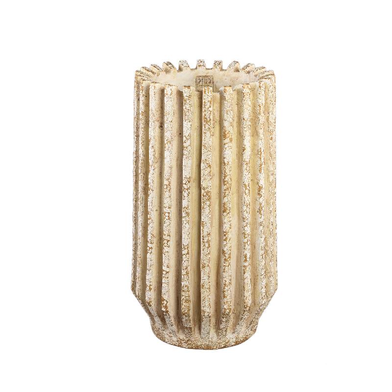 Flowerpot – Cream Color, Ribbed Line Structure, Cement Material, Tall Shape, M – Zariya | PTMD