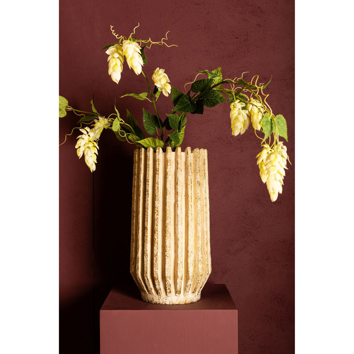 Flowerpot – Cream Color, Ribbed Line Texture, Cement Material, Tall Shape, L – Zariya | PTMD