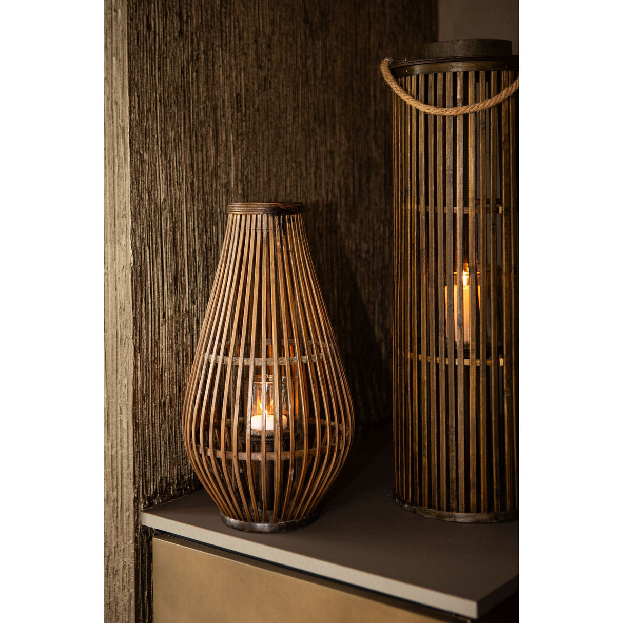 Laterne – Rundes Bambus Design, Glas Einsatz, Brauner Farbton, S – Lysia | PTMD