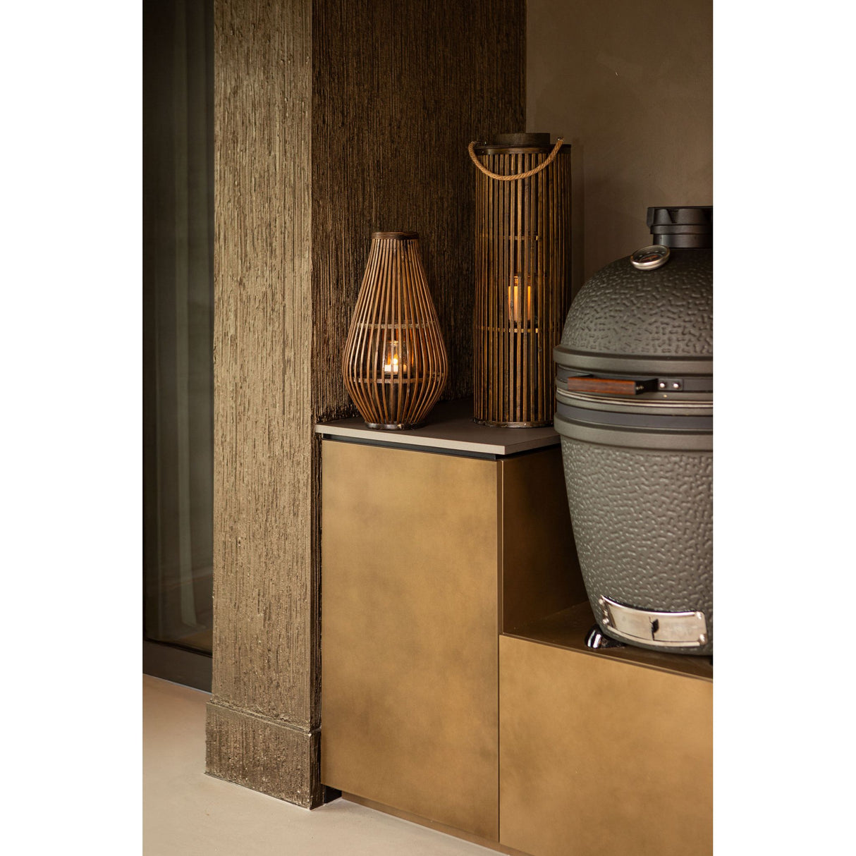 Laterne – Rundes Bambus Design, Glas Einsatz, Brauner Farbton, S – Lysia | PTMD