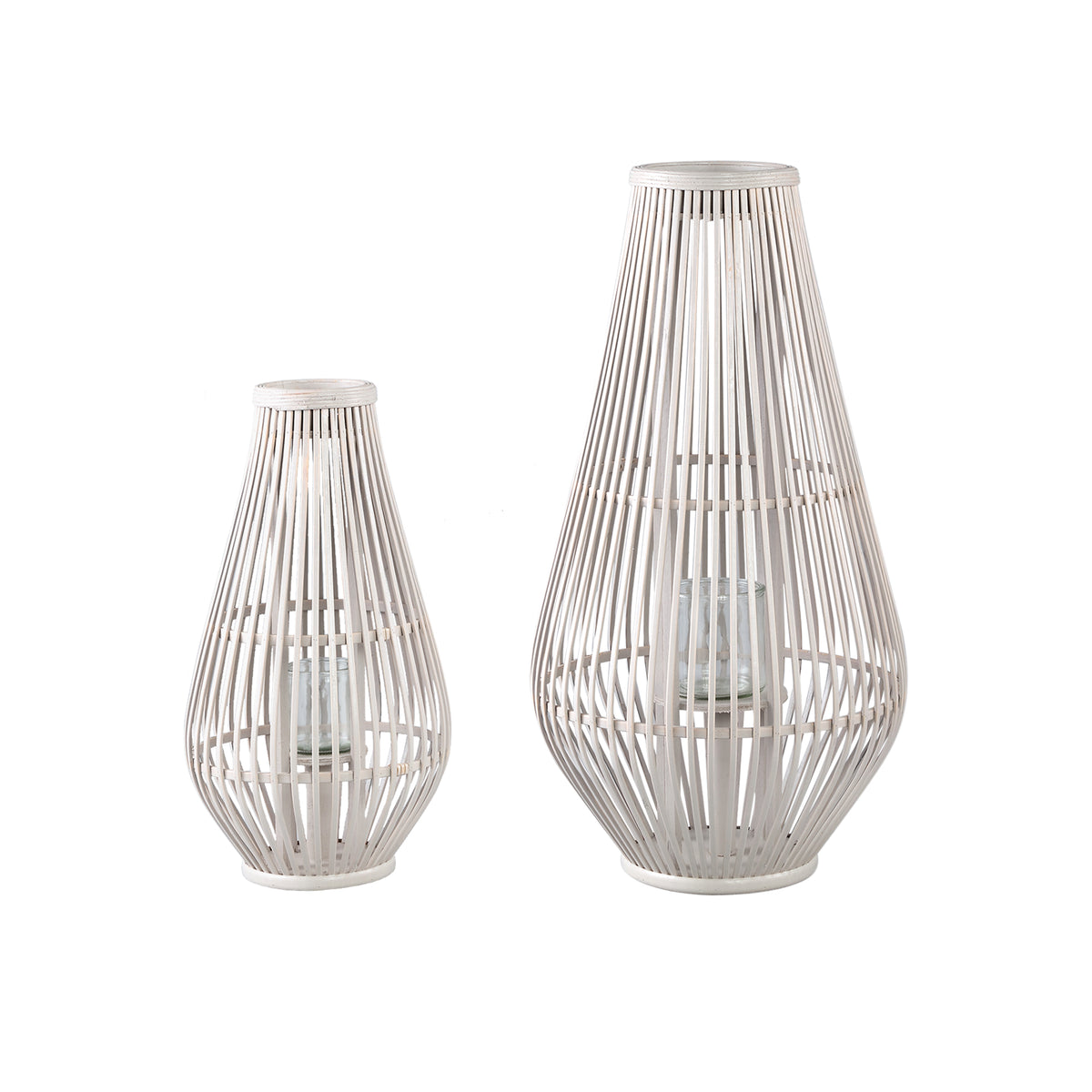 Lantern – Round Bamboo Design, Glass Insert, Sand Color, L – Lysia | PTMD