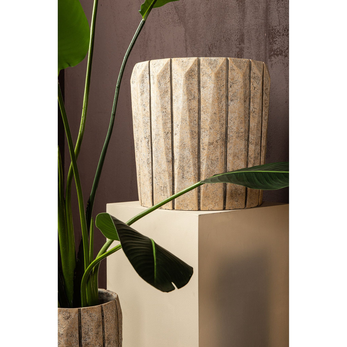 Flower Pot – Taupe Color, Striped Design, Cement Material, Tall Shape, M – Imani | PTMD