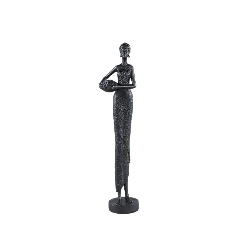 Statue - Polyester, handmade, black, female figure, holding pot, small – Rafah | PTMD