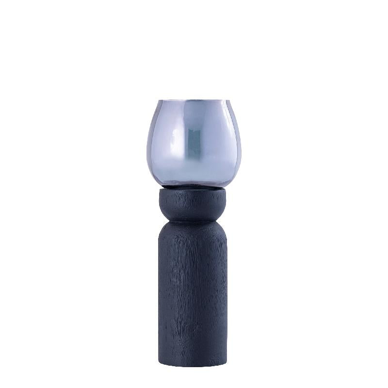 Lantern - Mango Wood Design, Handcrafted Finish, Smoked Glass Insert, Black Tone, M - Qez | PTMD