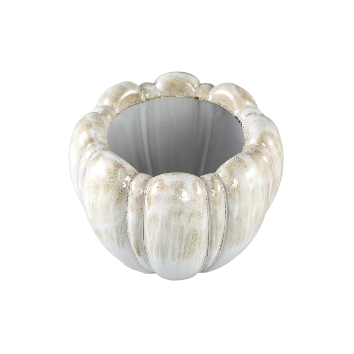 Pot – Cream-colored surface, Round shape, Strong ribbed texture, Stoneware, L – Dugan | PTMD