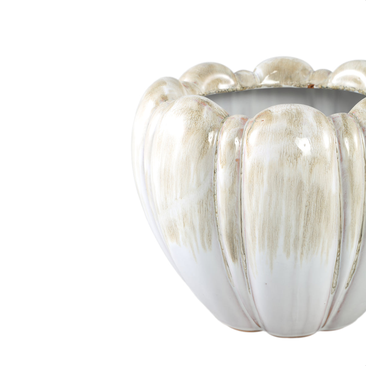 Pot – Cream-colored surface, Round shape, Strong ribbed texture, Stoneware, L – Dugan | PTMD