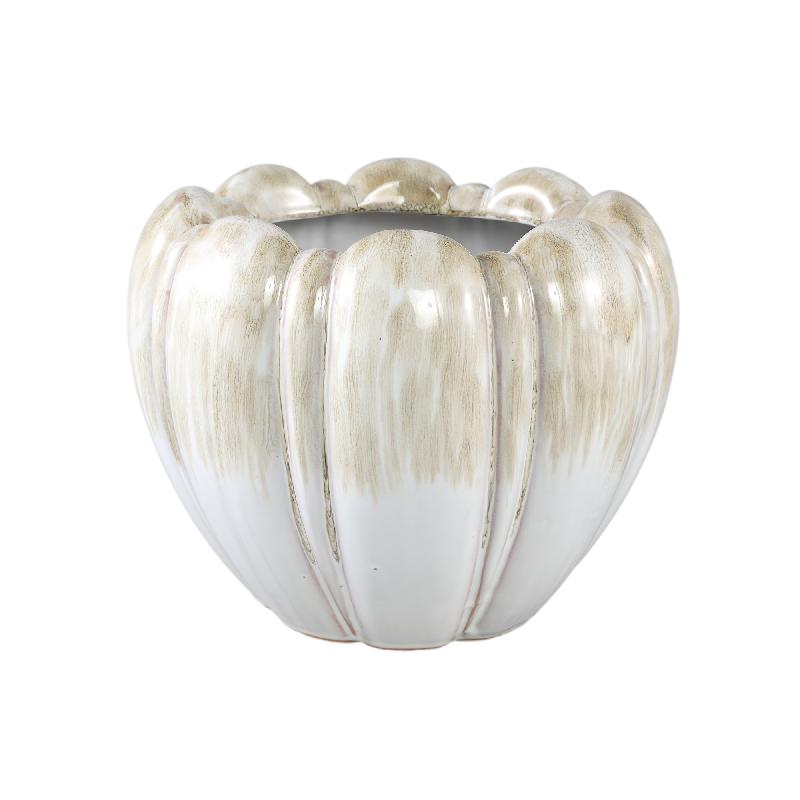 Pot – Cream-colored surface, Round shape, Strong ribbed texture, Stoneware, L – Dugan | PTMD