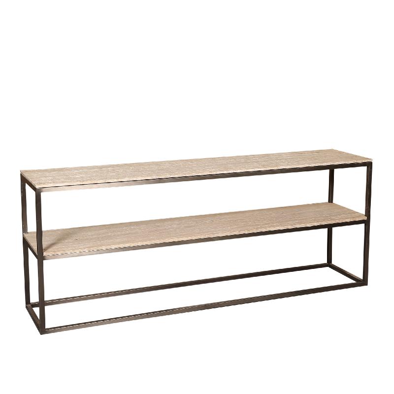 Side Table – Travertine/Marble Stone, Iron Frame, 2 Tiers, Black – Zoah | PTMD