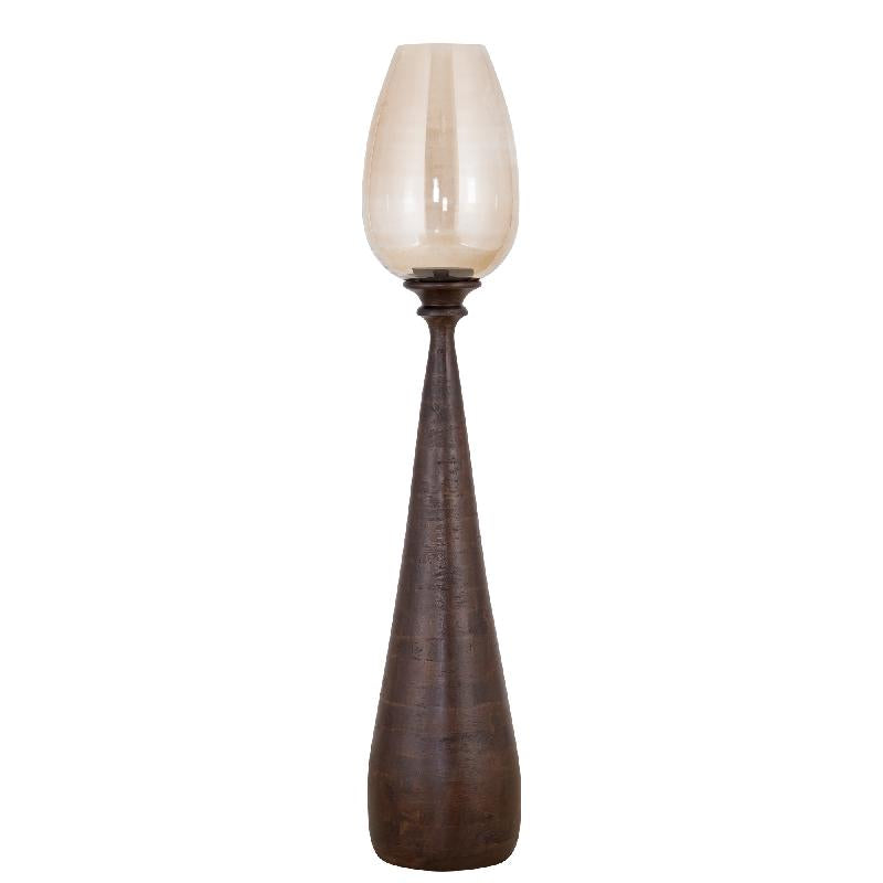 Hurricane Lamp – Brown Mango Wood Base, Hurricane Glass Insert, Hand-crafted Finish, L – Midi | PTMD