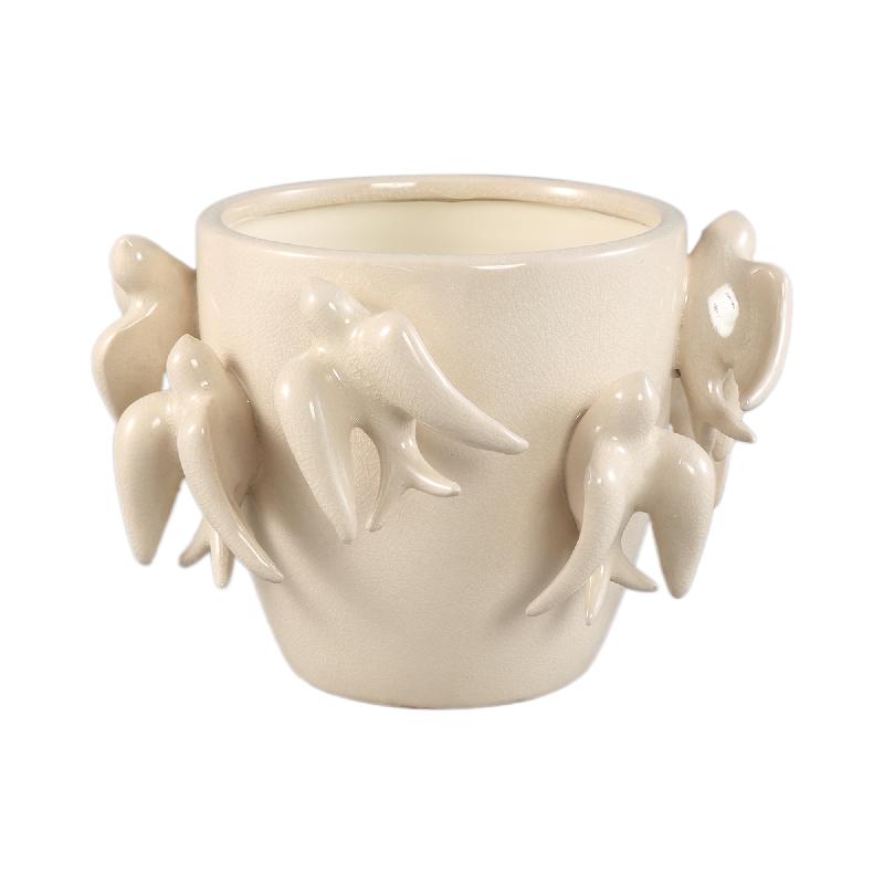Pot – Bird Motif Design, Round Shape, White Color, Ceramic Material, S – EmmeLyn | PTMD