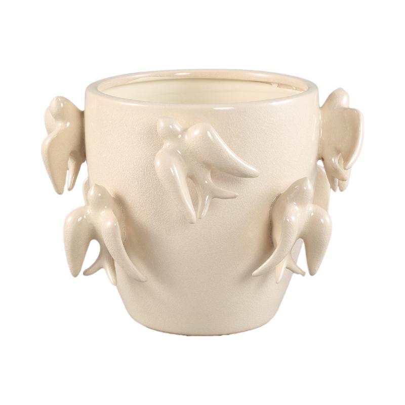 Pot – Bird Motif Design, Round Shape, White Color, Ceramic Material, M – EmmeLyn | PTMD
