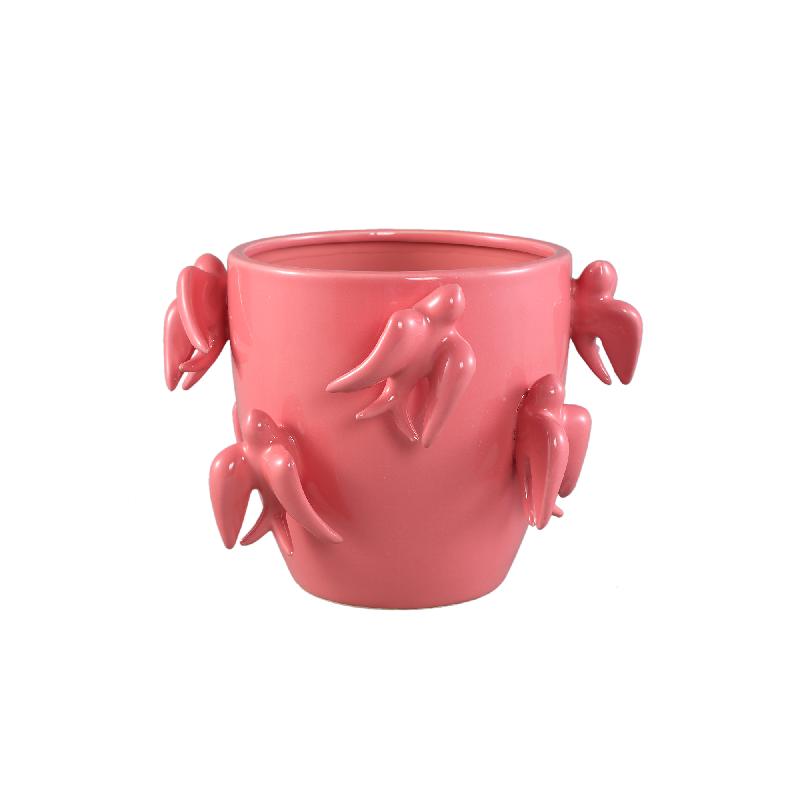 Pot – Bird Motif Design, Round Shape, Pink Color, Ceramic Material, M – EmmeLyn | PTMD
