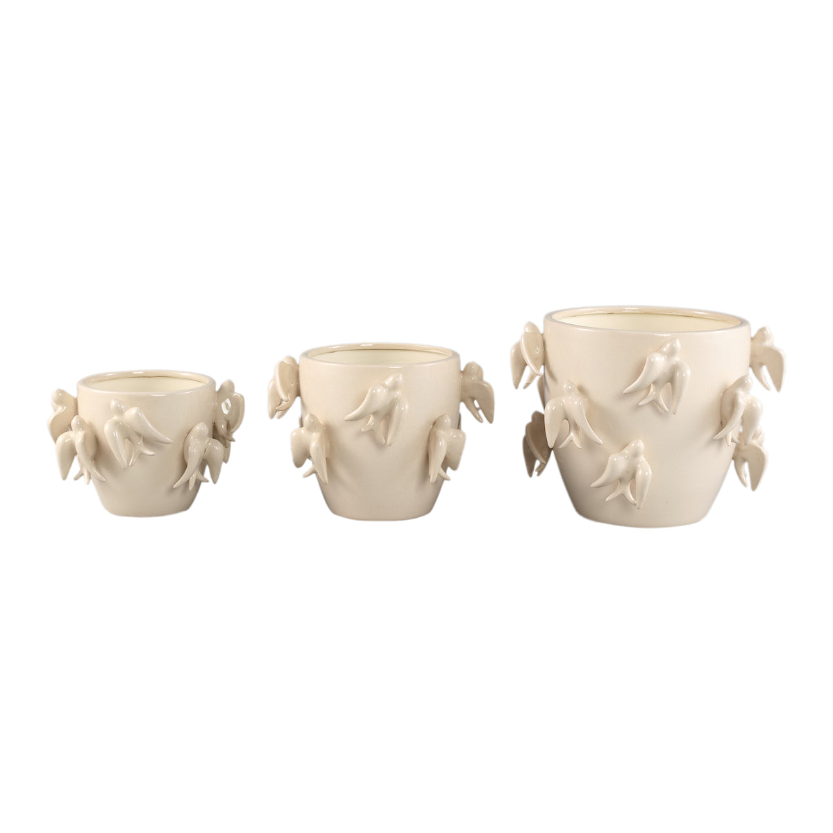 Pot - Bird Motif Design, Round Shape, White Color, Ceramic Material, L - EmmeLyn | PTMD