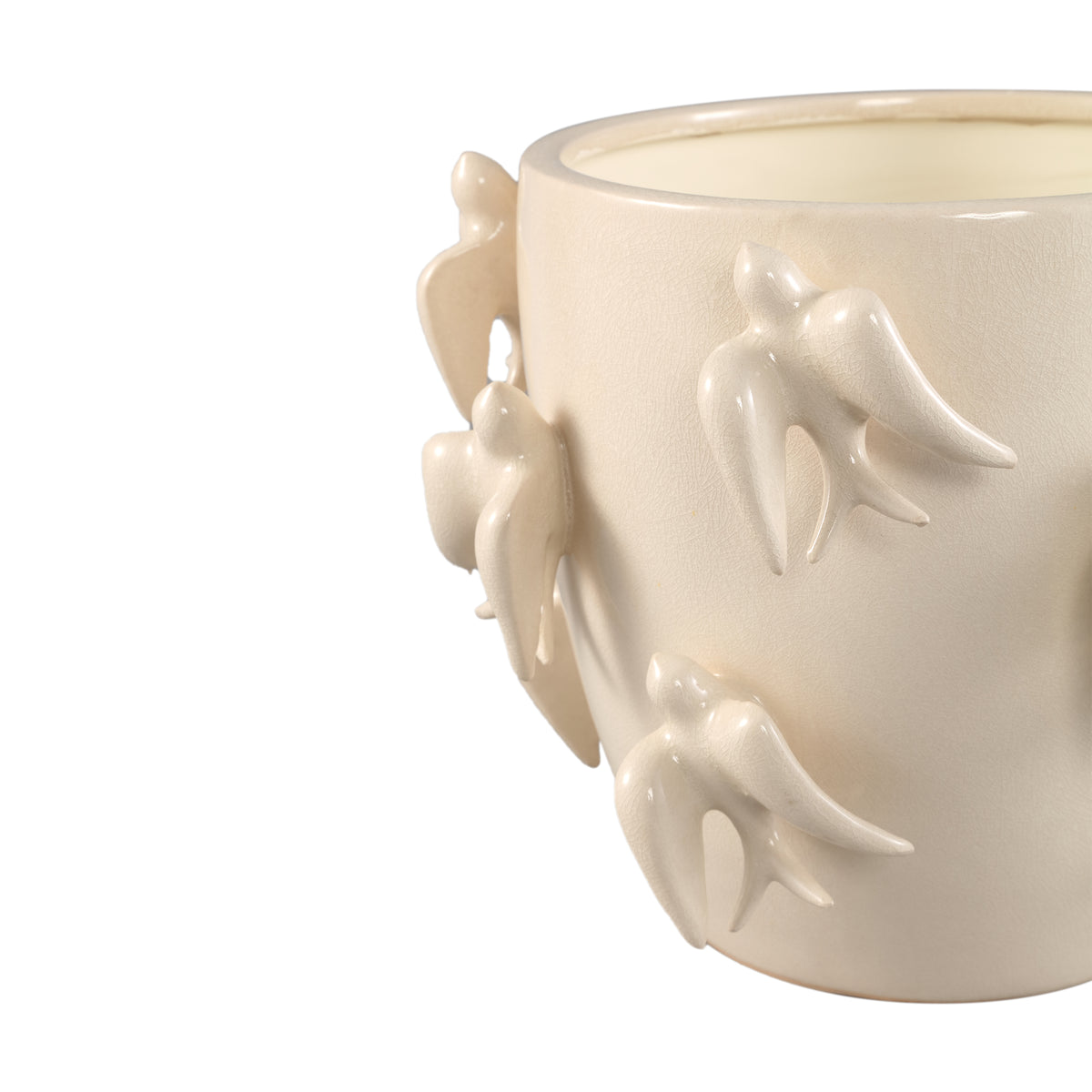 Pot - Bird Motif Design, Round Shape, White Color, Ceramic Material, L - EmmeLyn | PTMD