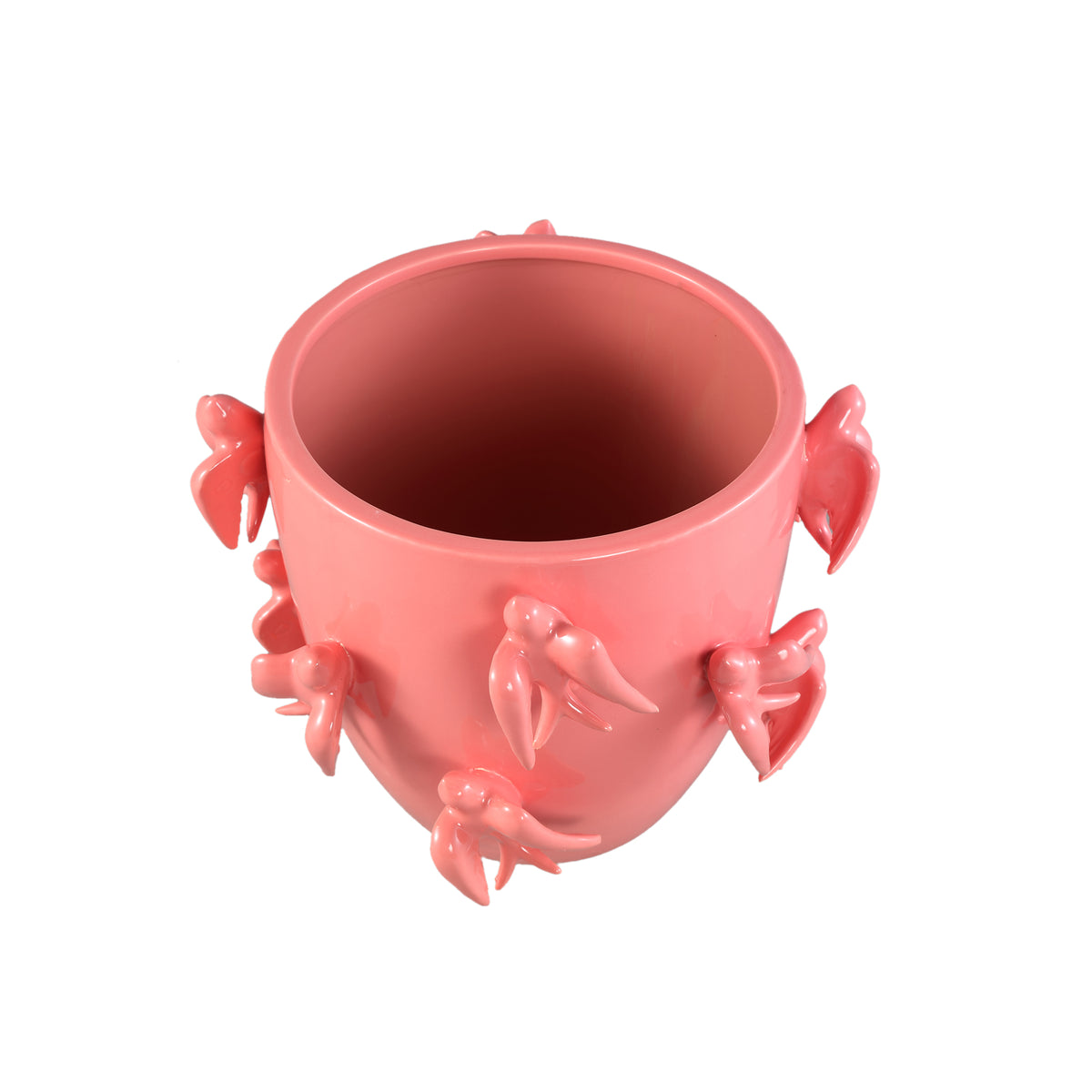 Pot – Bird Motif Design, Round Shape, Pink Color, Ceramic Material, L – EmmeLyn | PTMD