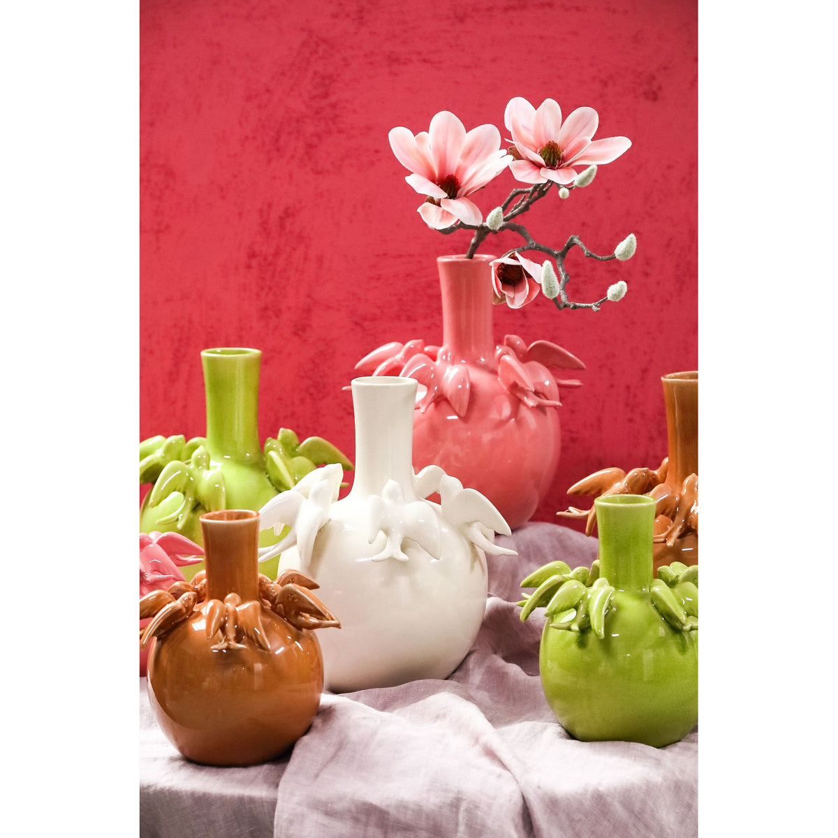 Vase – Bulbous Shape, Pink Color, Bird Motif Design, Ceramic Material, L – EmmeLyn | PTMD