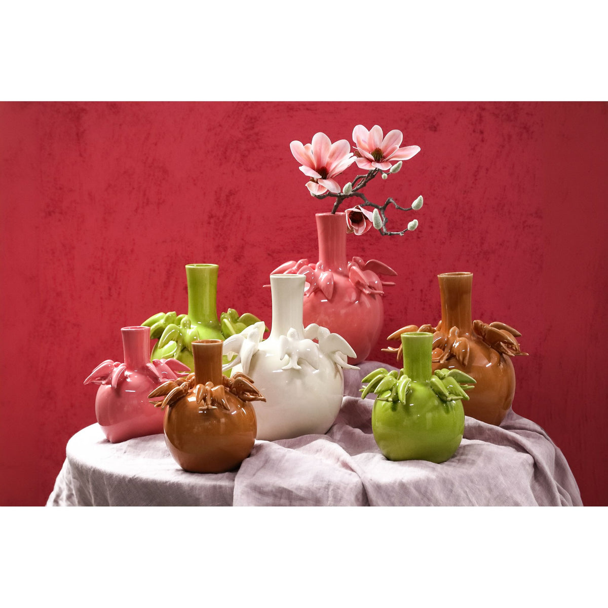 Vase – Bulbous Shape, Pink Color, Bird Motif Design, Ceramic Material, L – EmmeLyn | PTMD