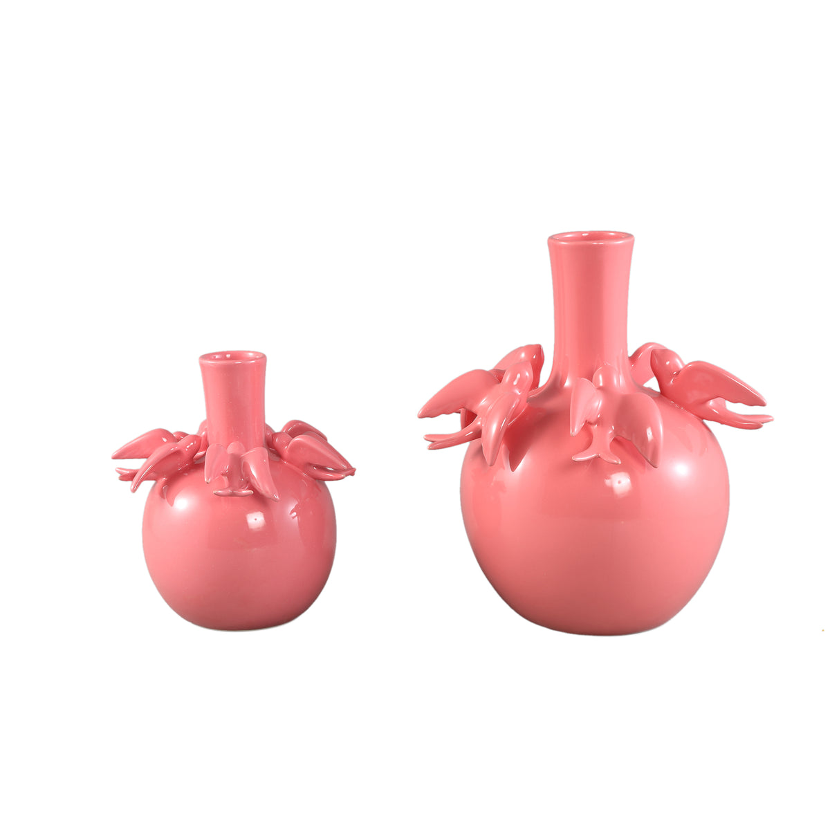 Vase – Bulbous Shape, Pink Color, Bird Motif Design, Ceramic Material, L – EmmeLyn | PTMD
