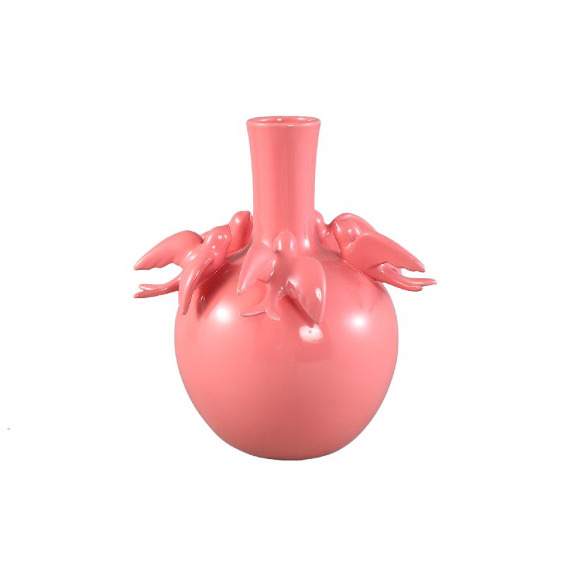 Vase – Bulbous Shape, Pink Color, Bird Motif Design, Ceramic Material, L – EmmeLyn | PTMD