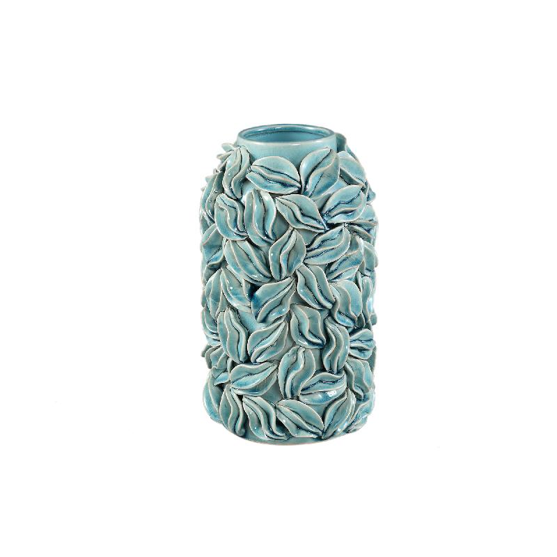 Pot – Blue color, Round shape, Glazed surface, Leaf motif, Ceramic, S – Zubeda | PTMD