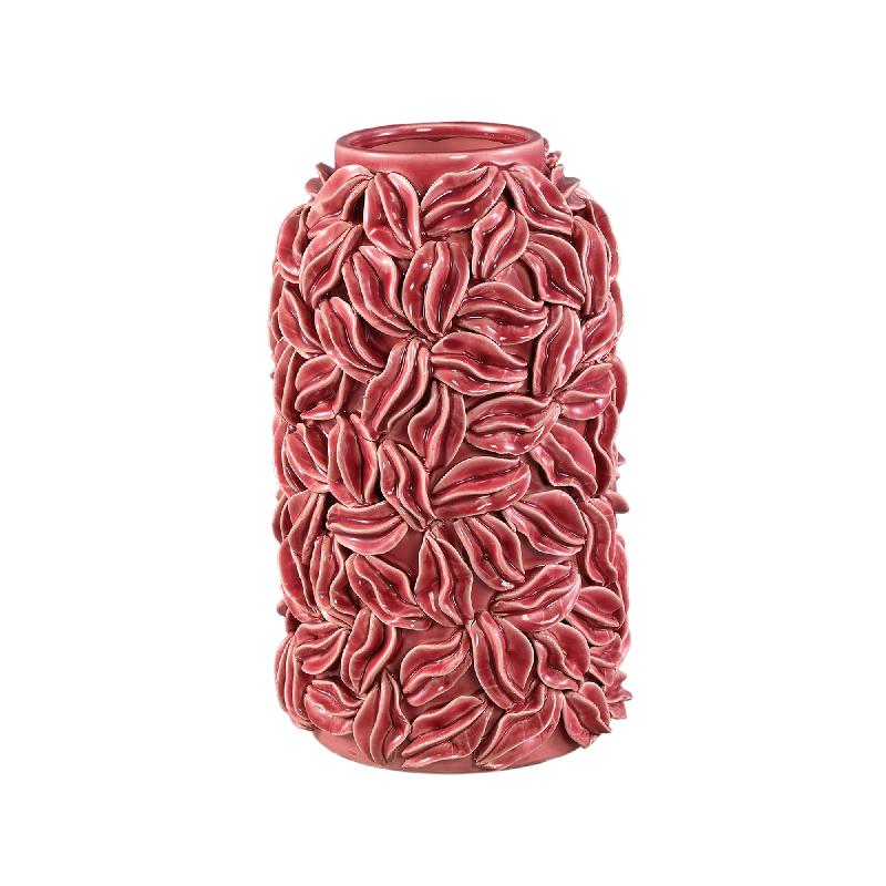 Topf – Rosa Farbe, Runde Form, Glasierte Oberfläche, Blattmotiv, Keramik, L – Zubeda | PTMD