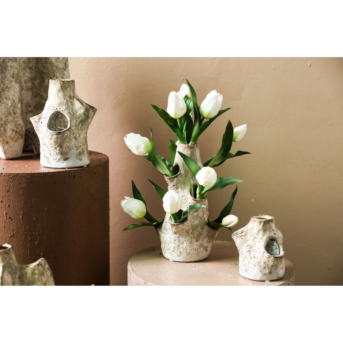 Vase - Ceramic Material, Embossed Design, Cream Color, L - Marshali | PTMD
