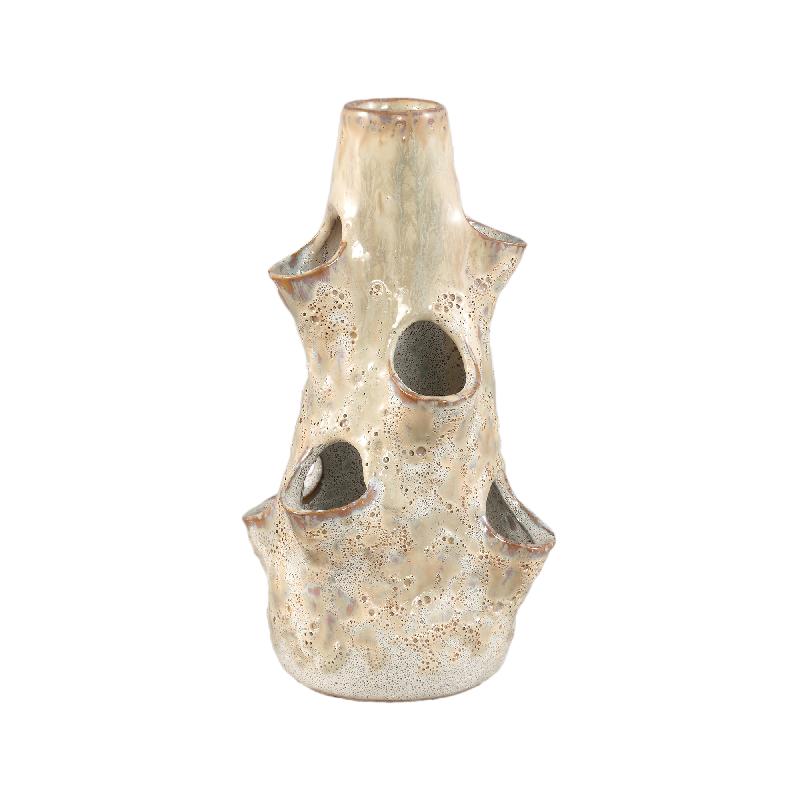 Vase - Ceramic Material, Embossed Design, Cream Color, L - Marshali | PTMD