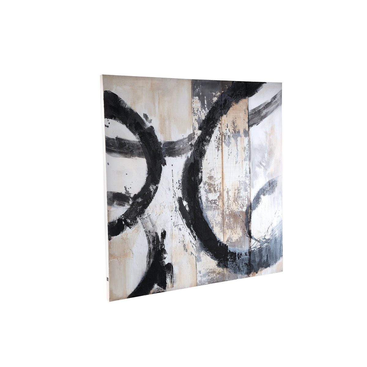 Wandpaneel aus Polyester-Canvas mit quadratischer Form, Holzrahmen und Kreis-Motiv, Schwarz-Finish – Jor | PTMD