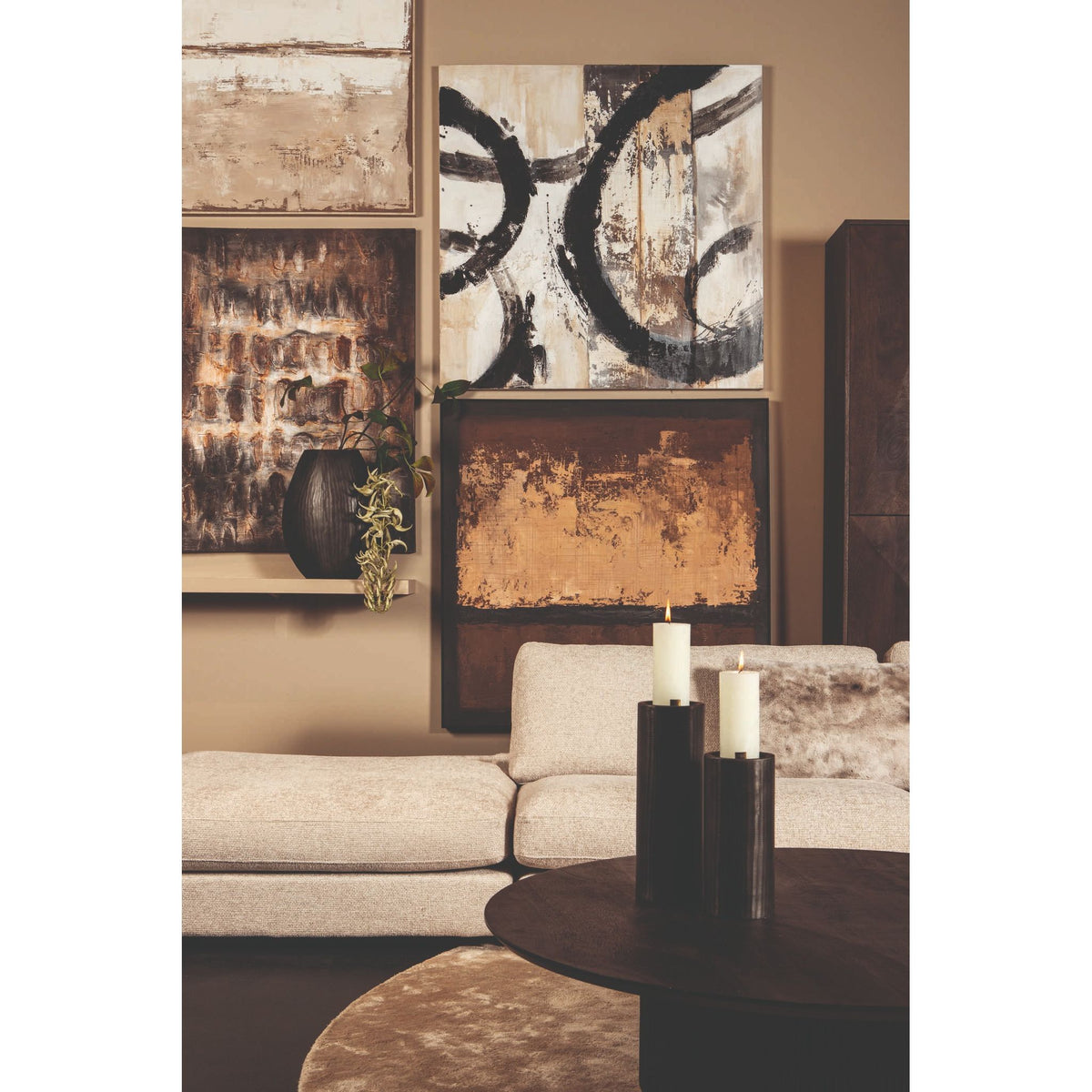 Wandpaneel aus Polyester-Canvas mit quadratischer Form, Holzrahmen und Kreis-Motiv, Schwarz-Finish – Jor | PTMD
