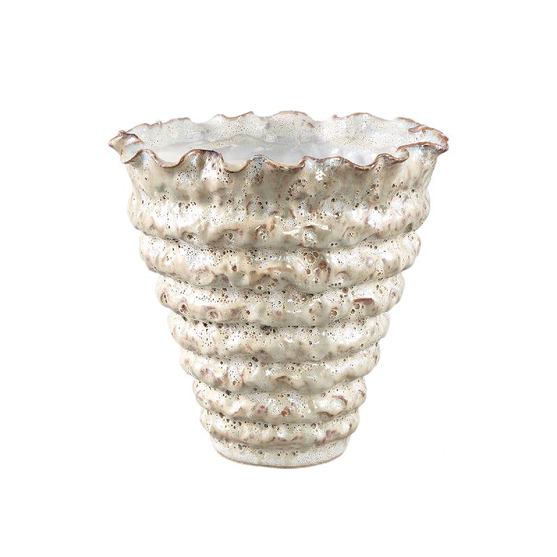 Pot - Irregular Shape, Ribbed Surface, Cream Color, Ceramic Material, L - Nianh | PTMD