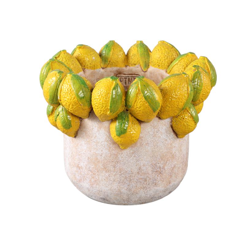 Blumentopf – Runde Form, Zement Material, Zitronen Muster, Gelbe Oberfläche, L – Latesha | PTMD